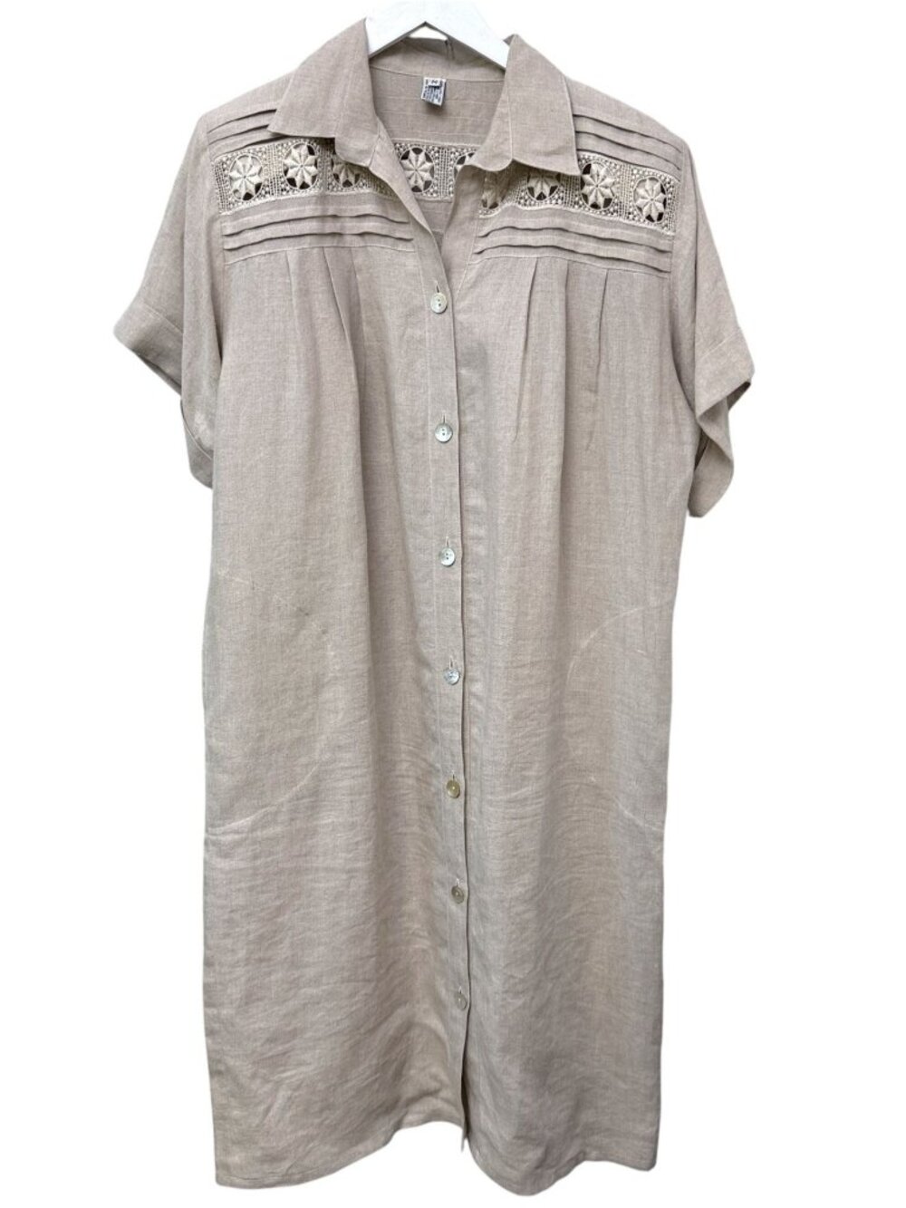Vintage 100% Linen Dress Medium Natural Beige Button Front Pockets Made In Italy